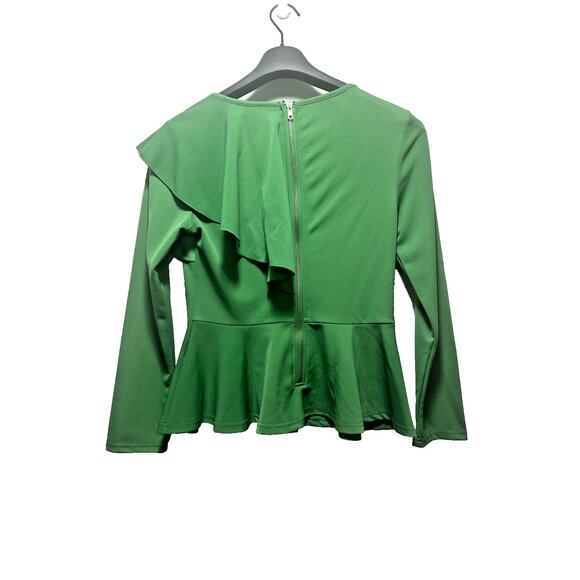 Kate Kasin Women’s Green Peplum Top Size M Long Sleeve Ruffle Shoulder Elegant B - Picture 8 of 8